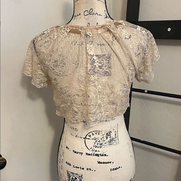 Bebe Y2K Brown Lace Ribbon Tie Cropped Shrug Coquette Whimsical Romantic Boho - Picture 4 of 9